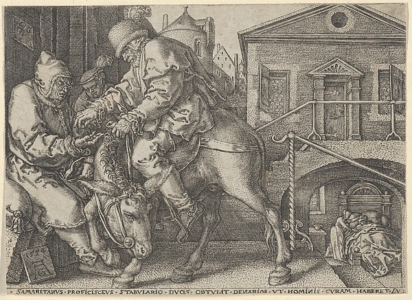The Good Samaritan Paying the Innkeeper for the Care of the Wounded Man, from "The Parable of the Good Samaritan" by Heinrich Aldegrever