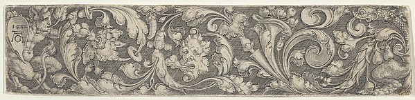 Frieze with Tendrils Growing from a Plant at Right and a Satyr Holding a Shield with the Artist's Monogram