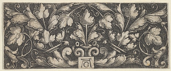 Horizontal Panel with Two Tendrils Sprouting Upwards from Horns at Center