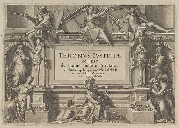 Title Page Set in an Architectural Frame with Allegorical figures and Christ, from "Thronus Justitiae, tredecim pulcherrimus tabulis..." by Willem van Swanenburg