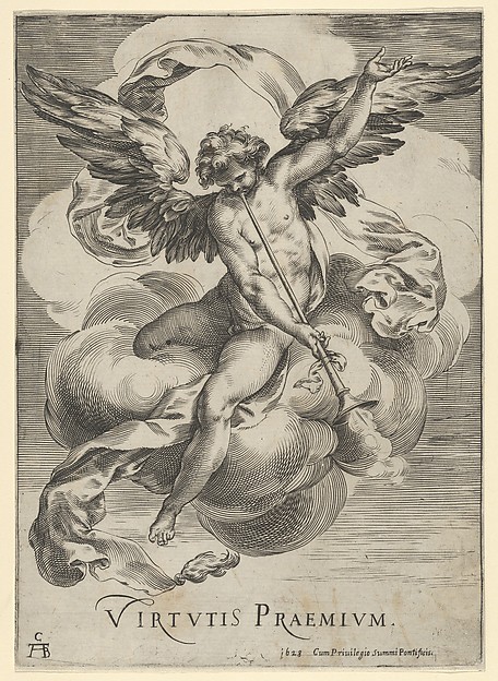 Winged genius seated on a cloud, sounding a trumpet with his left hand extended upwards