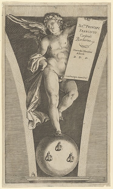Winged genius holding a tableau, standing on a sphere with three bees