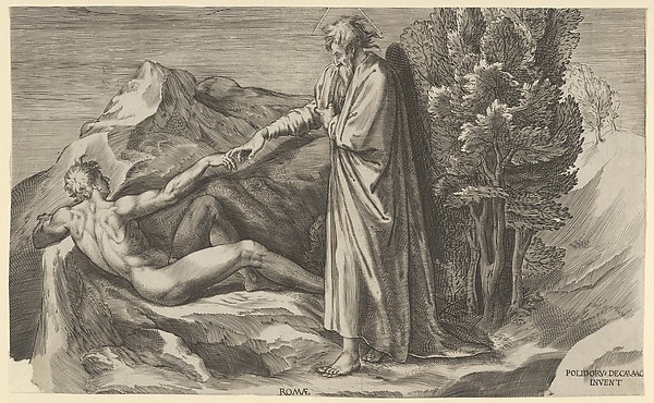 The Creation of Adam who reclines at left and touching the hand of God