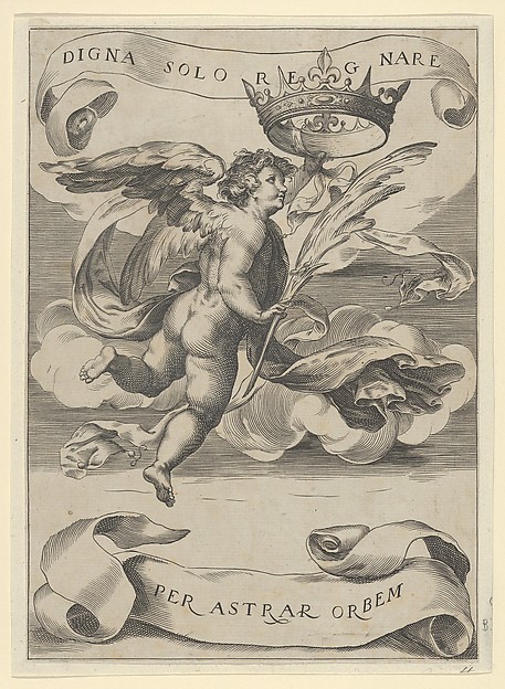Winged genius holding the Crown of Tuscany in his left hand and a palm in his right