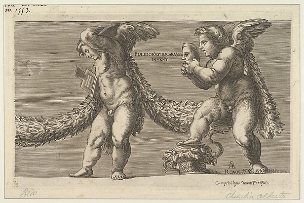 Two putti draped with a garland the one at right holding a mask