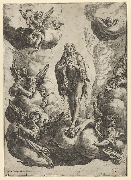 Mary Magdalen standing on clouds, being transported to heaven by angels by Cherubino Alberti (Zaccaria Mattia)