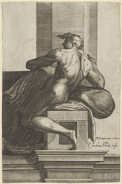 A naked man (Ignudo), seated and facing left, after Michelangelo's  'The Last Judgment' fresco in the Sistine Chapel by Cherubino Alberti (Zaccaria Mattia)