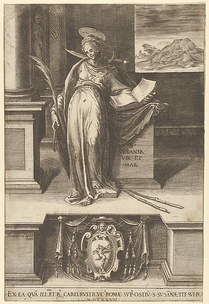 Saint Susanna in an interior holding an open book in her left hand, a palm in her right, a landscape visible through a window at right and at bottom center a coat of arms by Cherubino Alberti (Zaccaria Mattia)