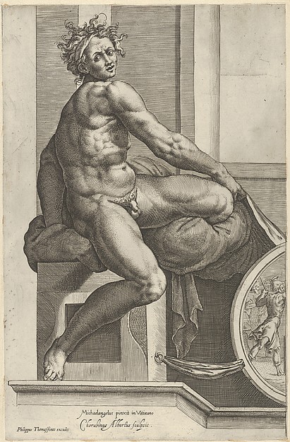 A naked man (Ignudo), twisting towards the right, holding drapery, after Michelangelo's  'The Last Judgment' fresco in the Sistine Chapel by Cherubino Alberti (Zaccaria Mattia)