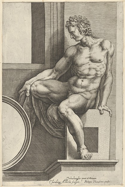 A naked man (Ignudo), seated facing left, holding a piece of fabric, after Michelangelo's  'The Last Judgment' fresco in the Sistine Chapel by Cherubino Alberti (Zaccaria Mattia)