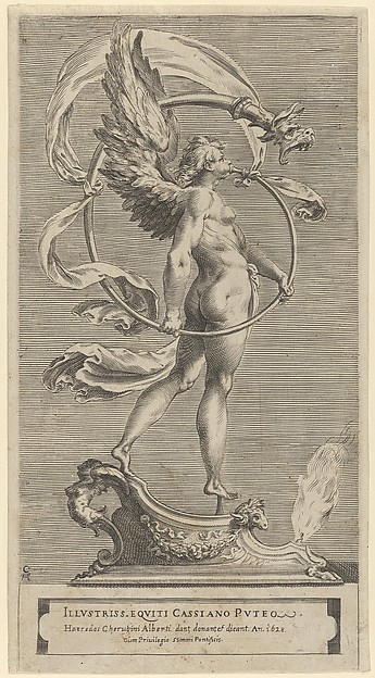 A winged figure of Fame standing facing left and sounding a trumpet