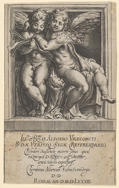 Two seated angels, arms around one another, the one on the left looking down at a song book, from The Angels' Concert