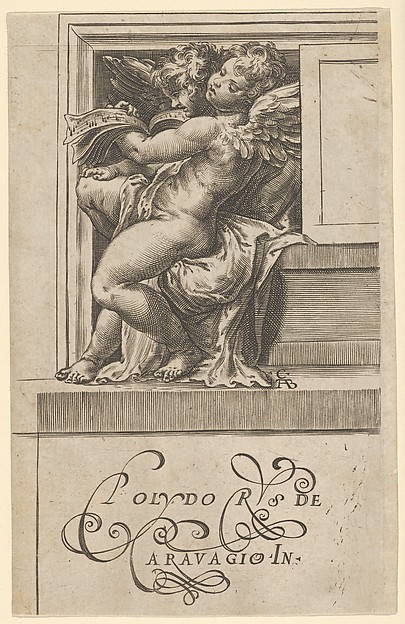 Two seated angels, facing left, reading from a song book, from The Angels' Concert