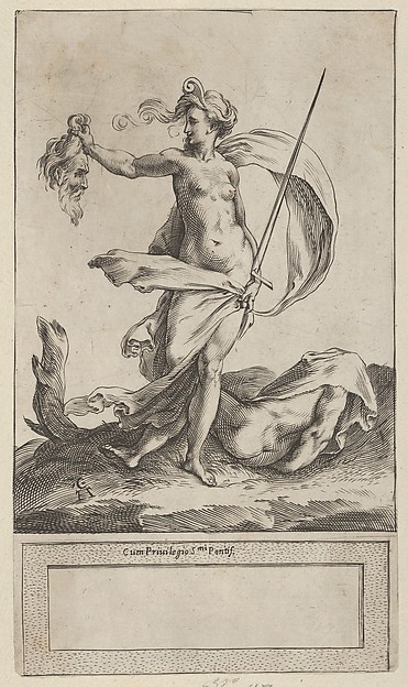 Judith with the Head of Holofernes, standing nude in a barren landsape