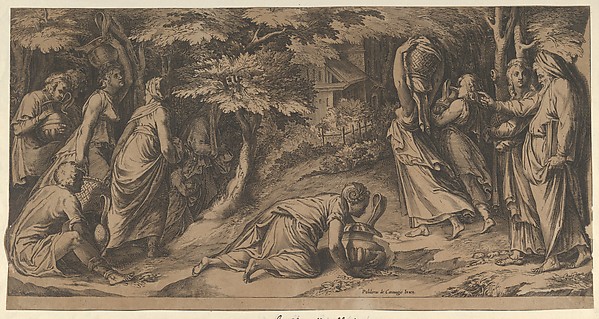 The Israelites fleeing Egypt with Moses at right extending his right hand and with a woman carrying an urn prostrate before him