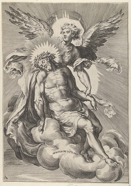 Angel supporting Christ, who is also resting on clouds by Cherubino Alberti (Zaccaria Mattia)