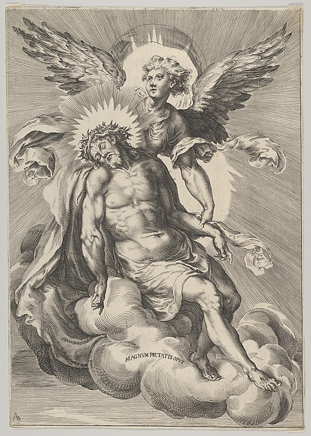Christ supported by an angel standing on a cloud with light radiating behind them by Cherubino Alberti (Zaccaria Mattia)