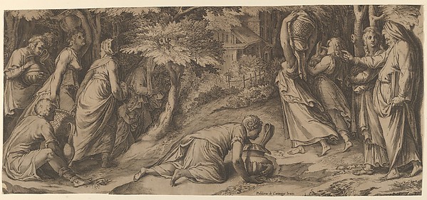 The Israelites fleeing Egypt with Moses at right extending his right hand and with a woman carrying an urn prostrate before him