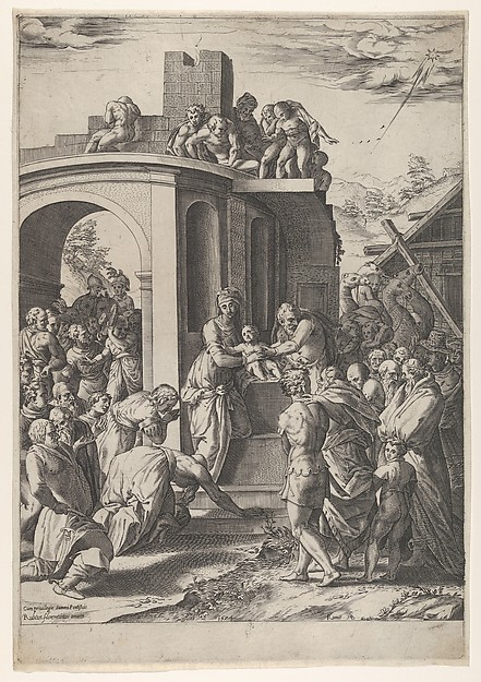 The Adoration of the Magi with the Virgin, Christ Child, and Joseph at center, set against architectural details