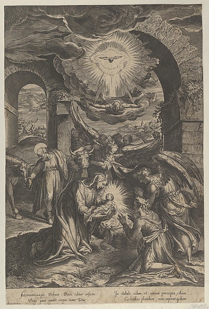 The Birth of Christ, who is held by the Virgin against a penumbra of light, adoring angels, and Joseph leading a donkey at left by Cherubino Alberti (Zaccaria Mattia)