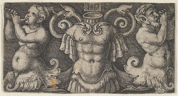 Horizontal Panel with Armour at Center, Flanked by Two Tritons Playing the Horn