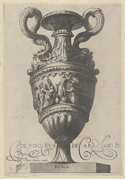 Plate 2: Two-handled vase with a nude figure on a pedestal at center, from "Antique Vases" (Vasa a Polydoro Caravagino)