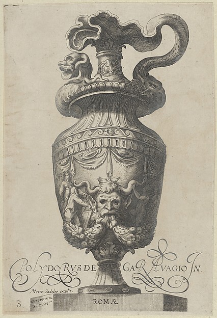 Plate 3: Vase with a satyr's mask and garlands, from Antique Vases (Vasa a Polydoro Caravagino)