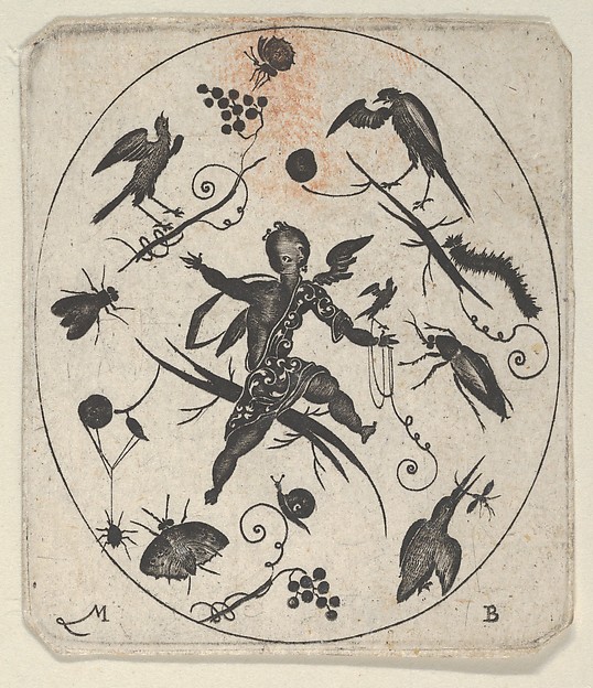 Blackwork Design for Goldsmithwork with a Putto, Birds and Insects
