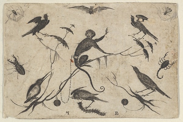 Blackwork Design for Goldsmithwork with Monkey, Birds, and Insects