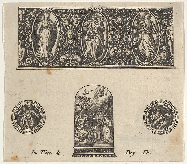 Horizontal Panel with Design for a Thimble with the Annuciation Below a Frieze with Three Figures in Ovals