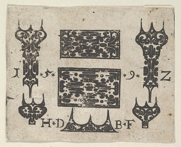 Blackwork Print with Two Horizontal Panels and Five Small Motifs