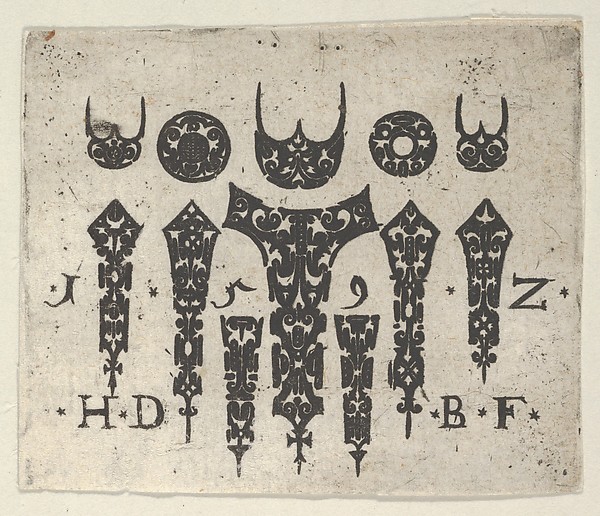 Blackwork Print with a Row of Seven Vertical Fillets Below a Row of Three-Pronged Motifs and Circles