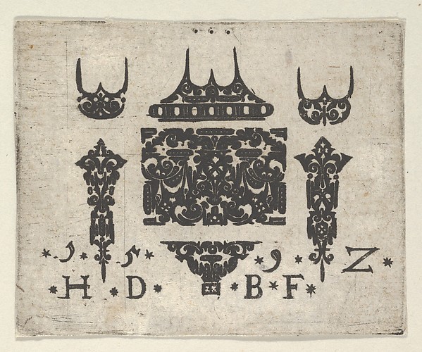 Blackwork Print with a Horizontal Panel and Six Small Motifs