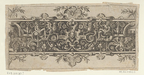 Frieze with Grotesques and a Mask Wearing a Whimple and Crown at Center