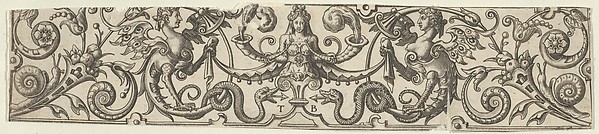 Frieze with Half-Length Female Figure Holding Two Horns at Center