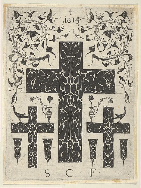 Blackwork Print with Three Crosses and Foliate Scrolls, from a Series of Blackwork Prints for Goldsmiths' Work