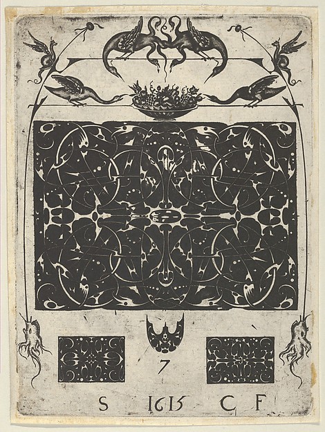 Blackwork Print with Birds and Grotesques Atop a Horizontal Panel, from a Series of Blackwork Prints for Goldsmiths' Work