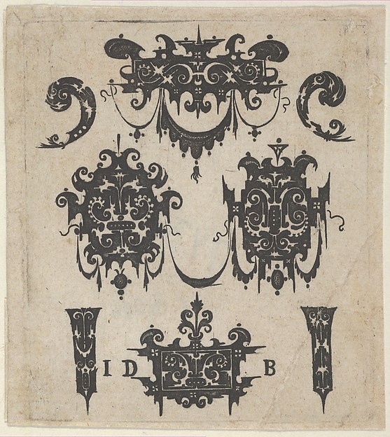 Blackwork Print with Four Shweifwerk Motifs Decorated with Swag Combined with Four Small Fillets
