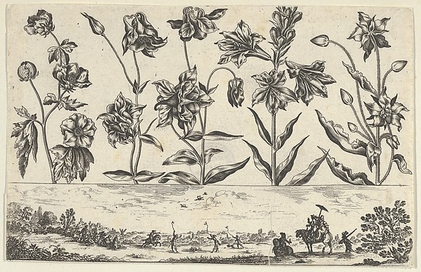 Horizontal Panel with a Row of Flowers Above a Frieze with a Hunting Scene in a Landscape, from "Livre Nouveau de Fleurs Tres-Util"