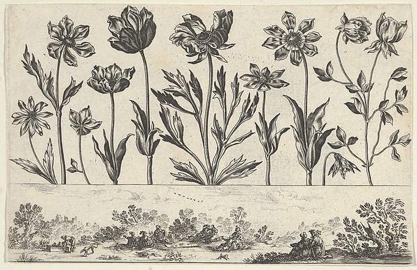 Horizontal Panel with a Row of Flowers Above a Frieze with Figures in a Landscape, from Livre Nouveau de Fleurs Tres-Util