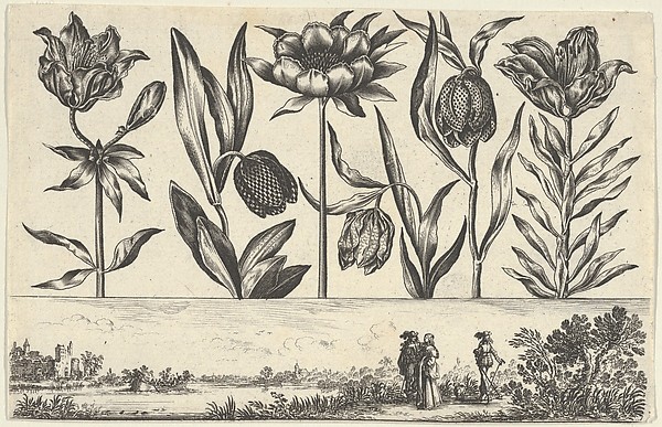 Horizontal Panel with a Row of Flowers Above a Frieze with Figures in a Landscape, from "Livre Nouveau de Fleurs Tres-Util"