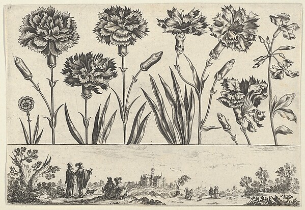 Horizontal Panel with a Row of Flowers Above a Frieze with Figures in a Landscape, from "Livre Nouveau de Fleurs Tres-Util"