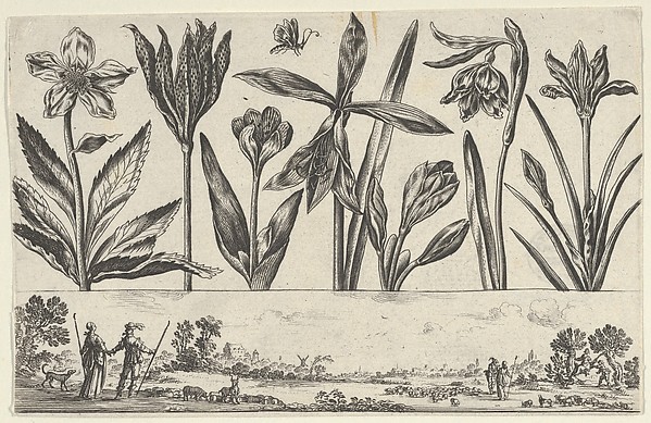 Horizontal Panel with a Row of Flowers Above a Frieze with Figures in a Landscape, from "Livre Nouveau de Fleurs Tres-Util"