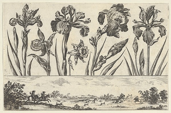 Horizontal Panel with a Row of Flowers Above a Frieze with a Hunting Scene in a Landscape, from "Livre Nouveau de Fleurs Tres-Util"