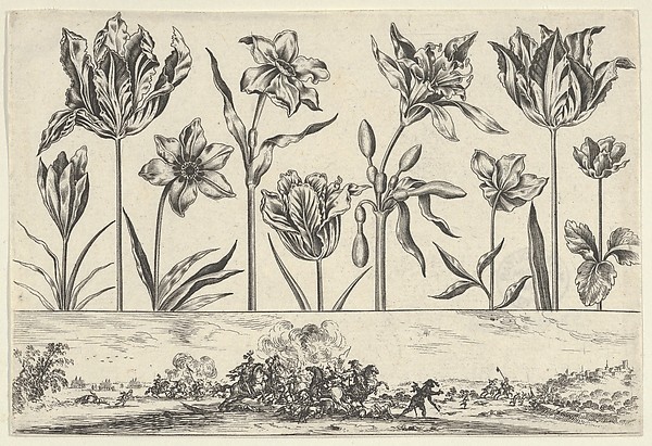 Horizontal Panel with a Row of Flowers Above a Frieze with a Battle Scene in a Landscape, from "Livre Nouveau de Fleurs Tres-Util"
