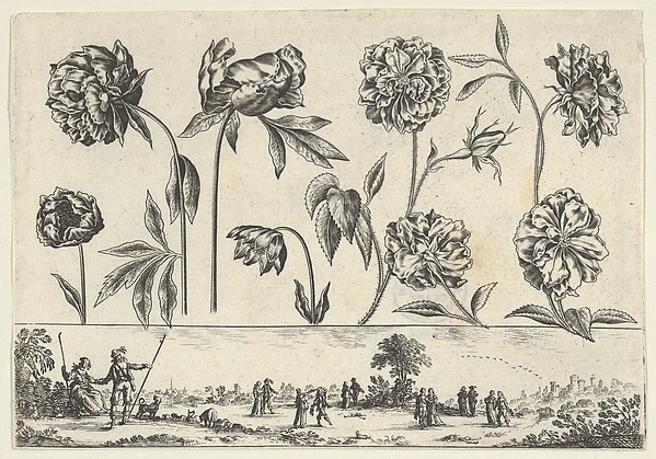 Horizontal Panel with a Row of Flowers Above a Frieze with Figures in a Landscape, from "Livre Nouveau de Fleurs Tres-Util"