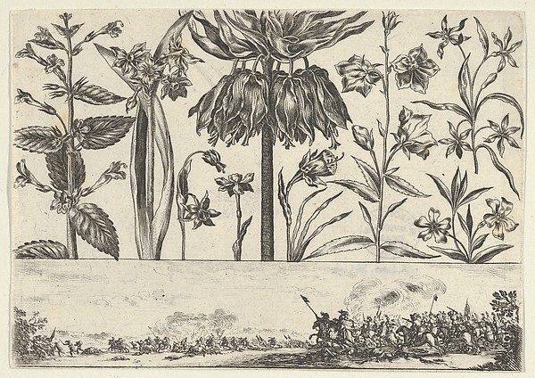 Horizontal Panel with a Row of Flowers Above a Frieze with a Battle Scene in a Landscape, from "Livre Nouveau de Fleurs Tres-Util"