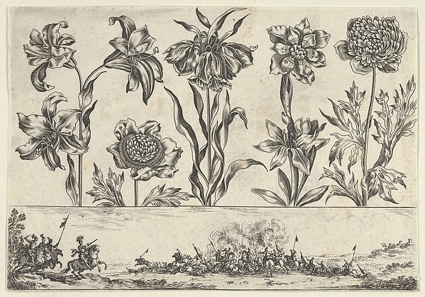 Horizontal Panel with a Row of Flowers Above a Frieze with a Battle Scene in a Landscape, from "Livre Nouveau de Fleurs Tres-Util"