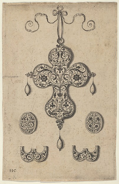 Design for the Verso of a Cross-Shaped Pendant Above a Pair of Oval Ornaments and Axe-Shaped Ornaments