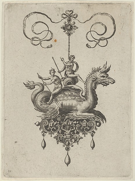 Pendant Design with a Sea Monster Carrying Neptune on an Urn Beside a River-God with an Oar